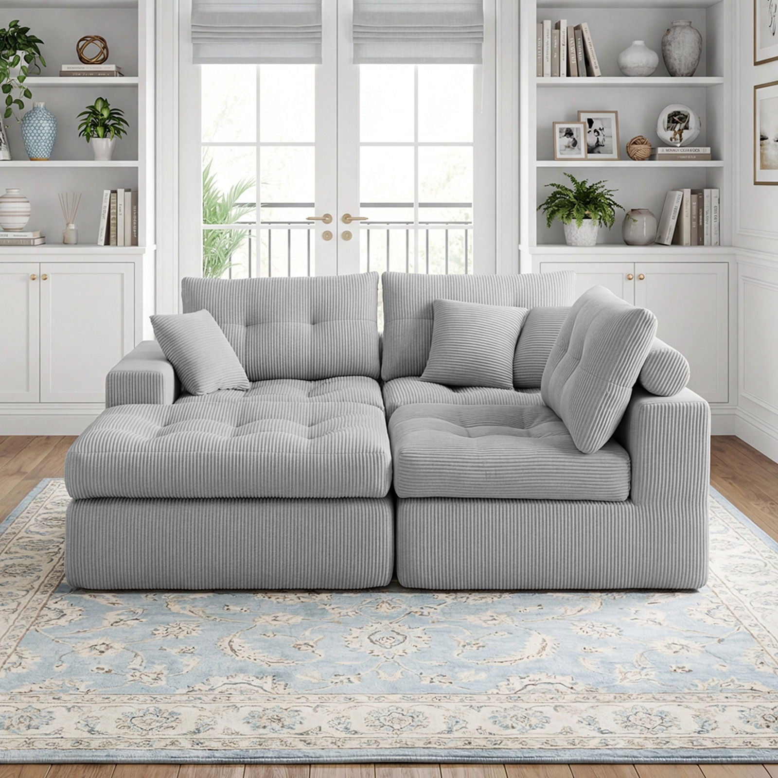 Corner Chaise L-Shaped Sectional Sofa Bed in light gray ribbed fabric by HouseOfZazla, 2-piece living room set on Tampa Home & Garden Store