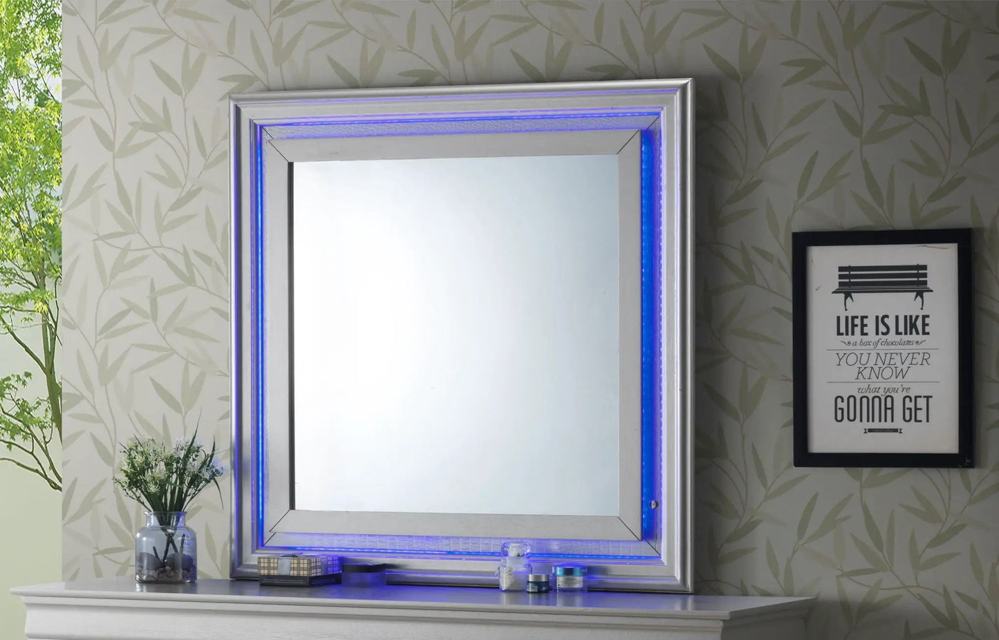 Lorana Elegant Transitional LED Mirror by Unique Piece Furniture silver frame with blue LED edge on Tampa Home & Garden Store