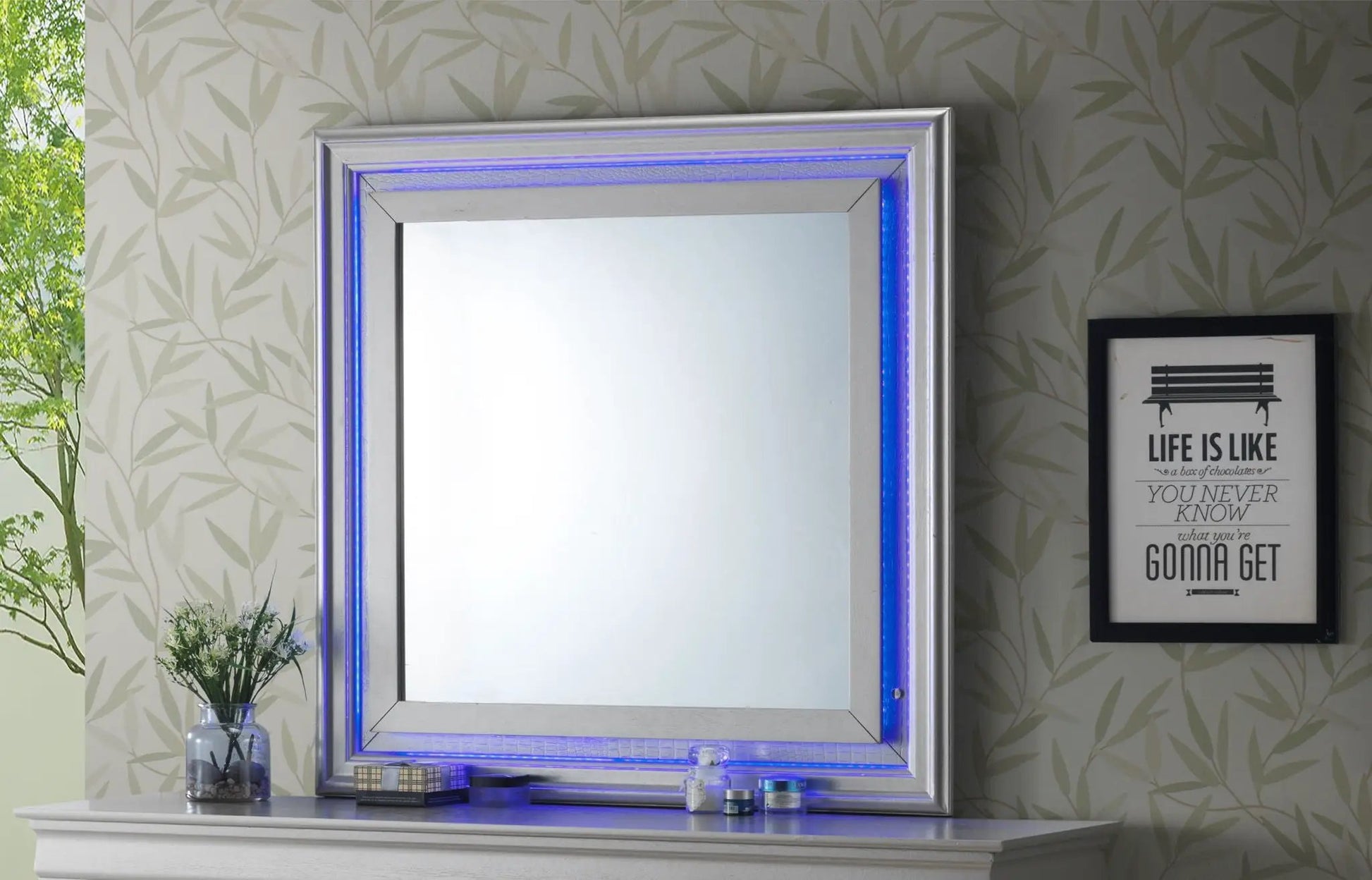 Lorana Elegant Transitional LED Mirror by Unique Piece Furniture silver frame with blue LED edge on Tampa Home & Garden Store