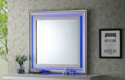 Lorana Elegant Transitional LED Mirror by Unique Piece Furniture silver frame with blue LED edge on Tampa Home & Garden Store