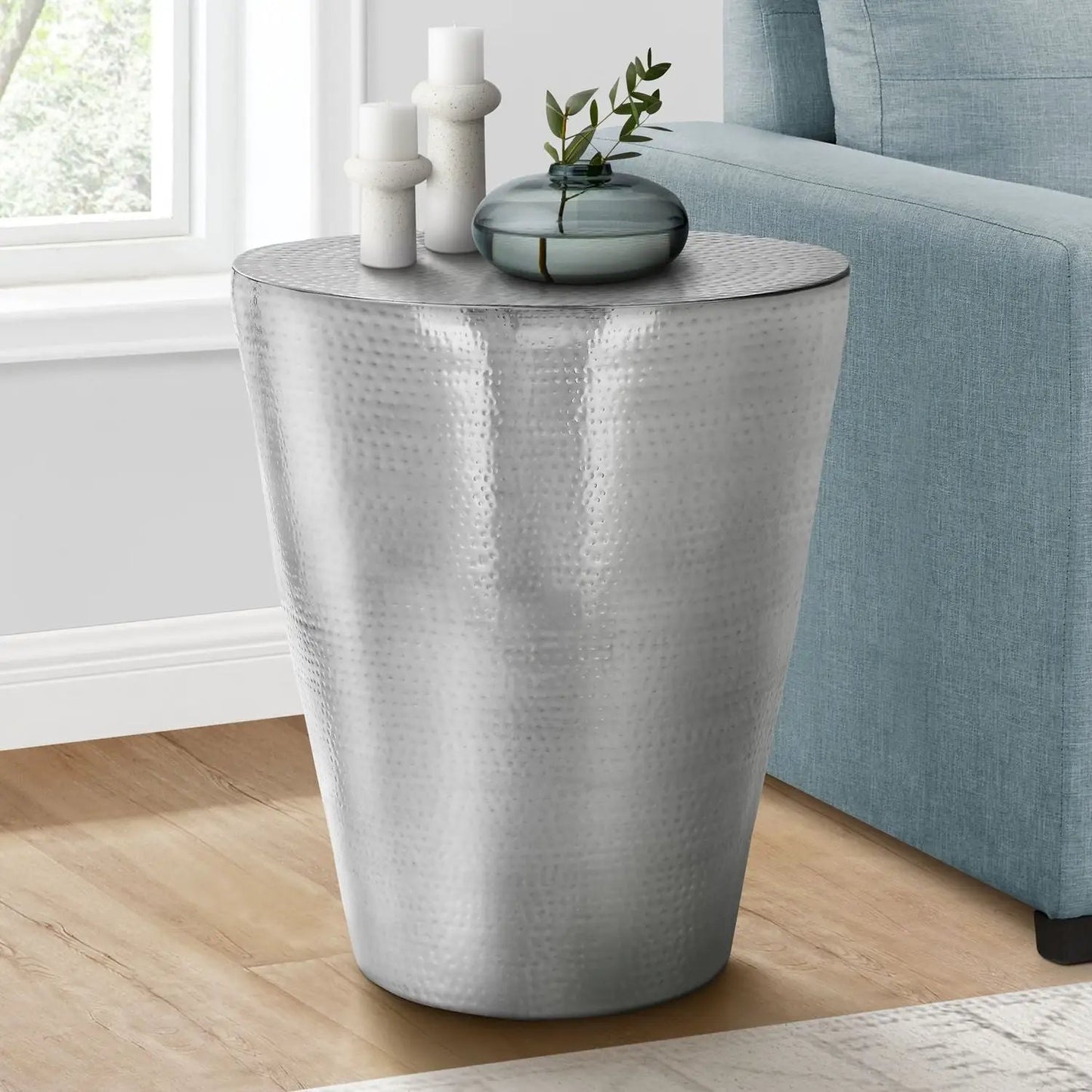 Drum Accent Side Table, hammered silver metal with a textured surface for a metallic look on Tampa Home & Garden Store