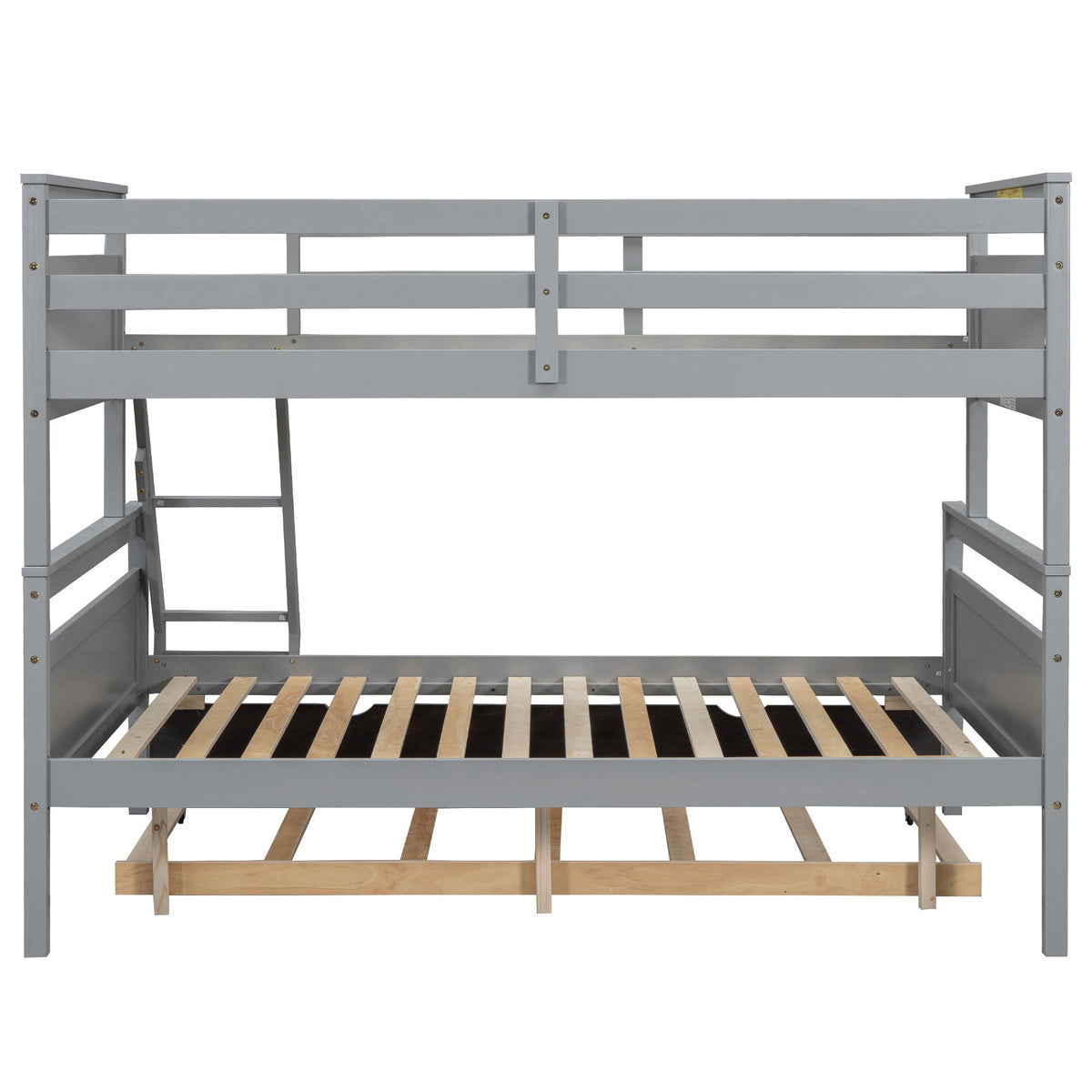 Gray metal bunk bed frame with built-in ladder and safety guardrail, slatted base on Tampa Home & Garden Store