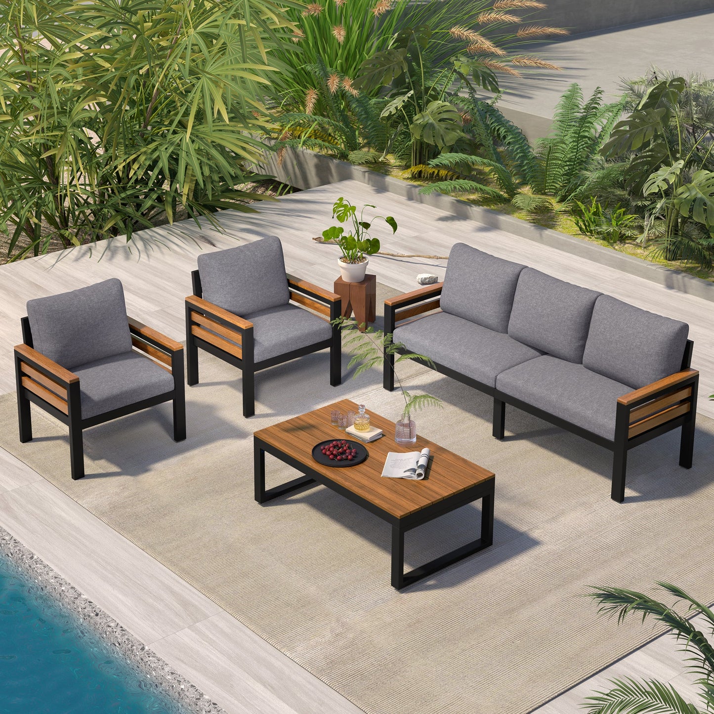 GO 4-Piece Outdoor Sofa Set by HouseOfZazla for 5 People with gray cushions and wooden arms on Tampa Home & Garden Store