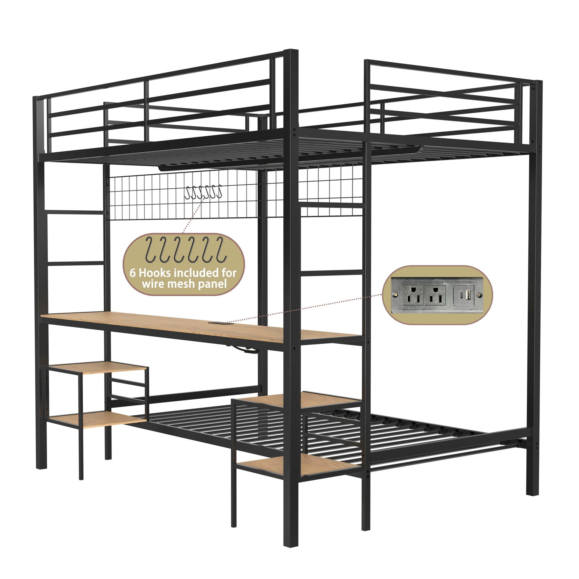 Ethan bunk bed with desk in black metal frame, with charging station and storage shelves on Tampa Home & Garden Store