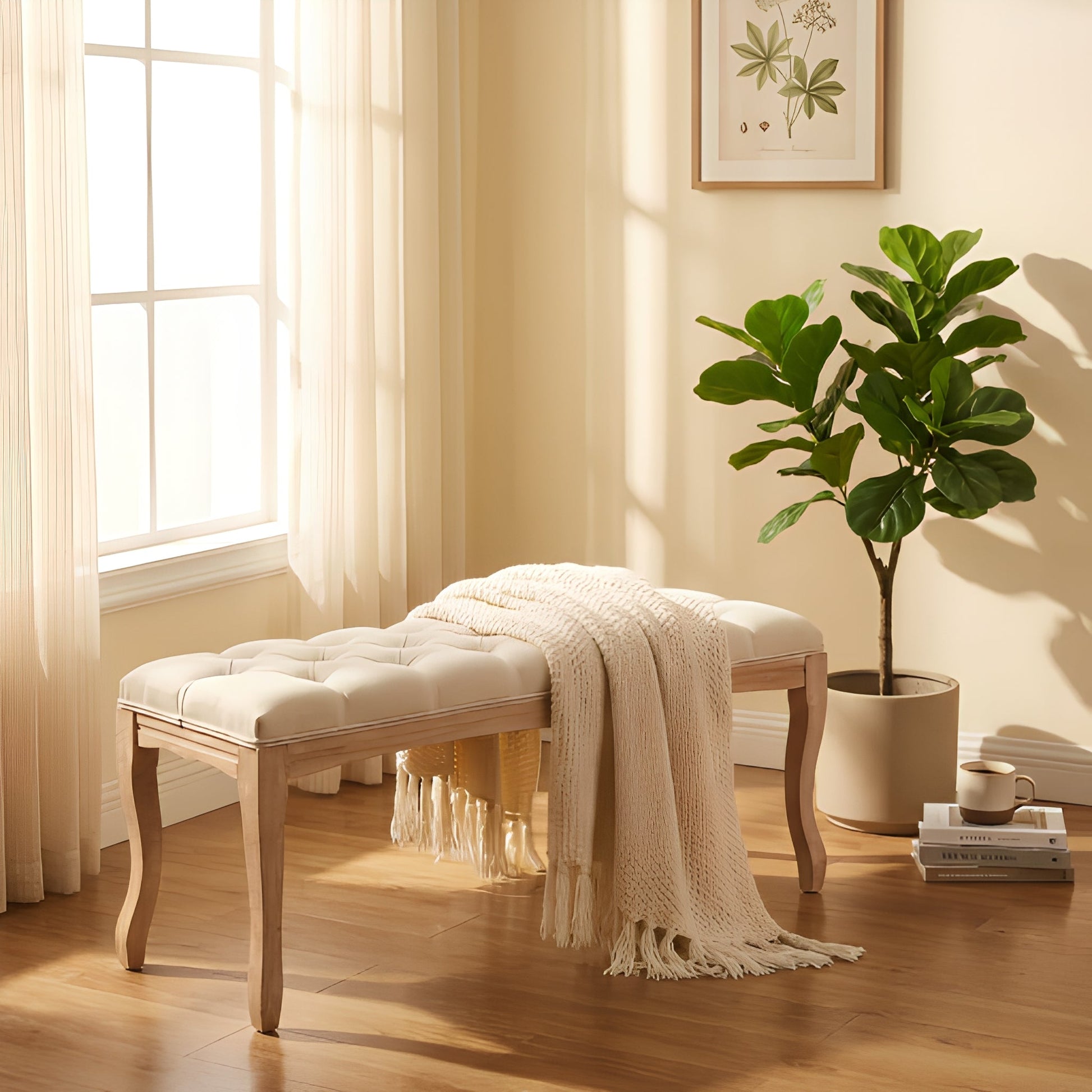 Bedroom bench French vintage tufted entryway bench with light wood frame and white cushion on Tampa Home & Garden Store