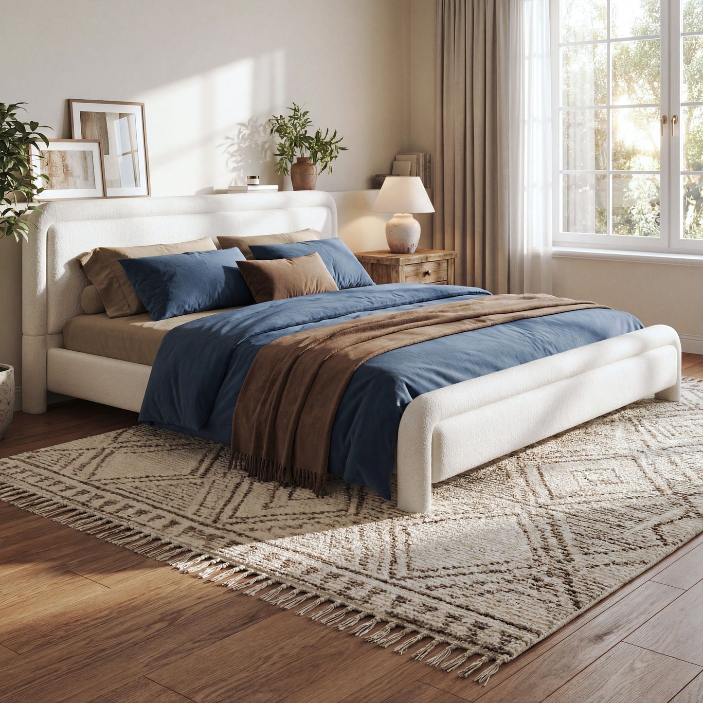 Modern Boucle Bed and Frame with Curved Headboard