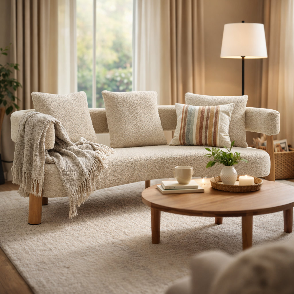 Luxe 76.5 in curved 3-seater boucle sofa Sesame by HouseOfZazla in a neutral beige living room on Tampa Home & Garden Store