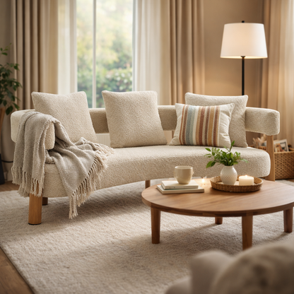 Luxe 76.5 in curved 3-seater boucle sofa Sesame by HouseOfZazla in a neutral beige living room on Tampa Home & Garden Store