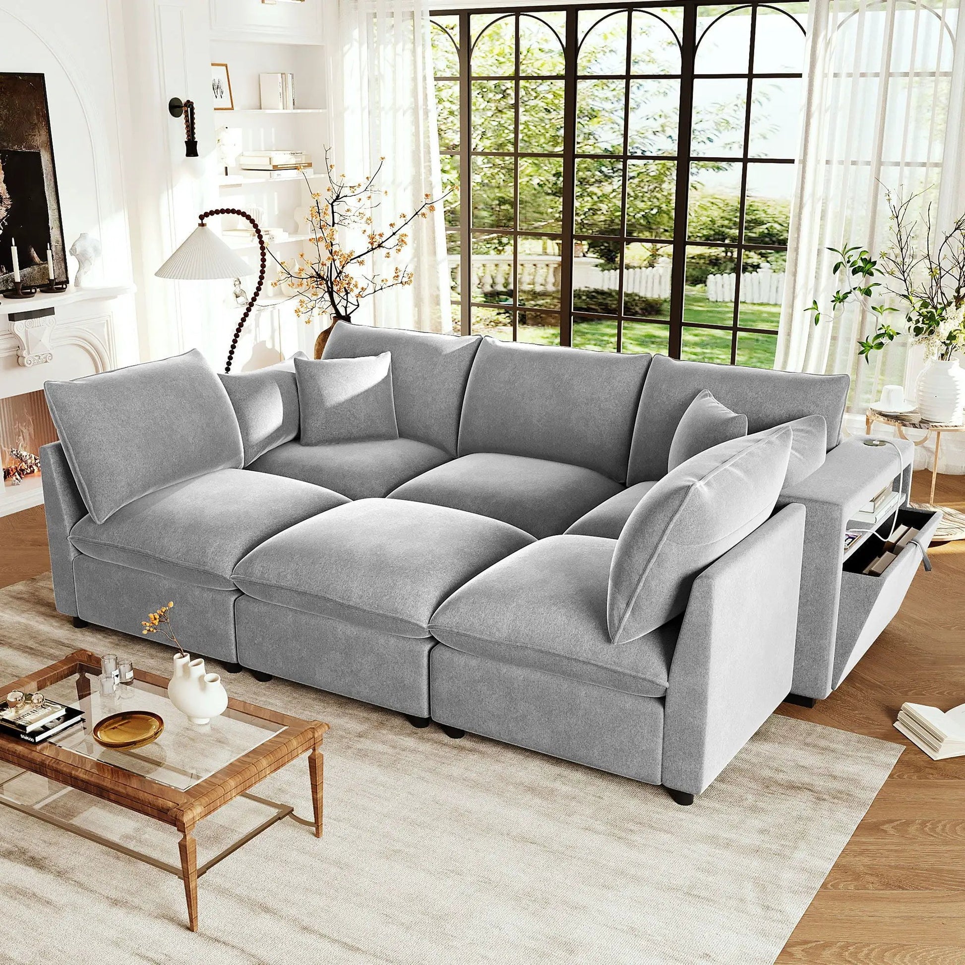 Gray fabric U-shaped sectional sofa with movable ottoman and USB ports; 2-piece set on Tampa Home & Garden Store
