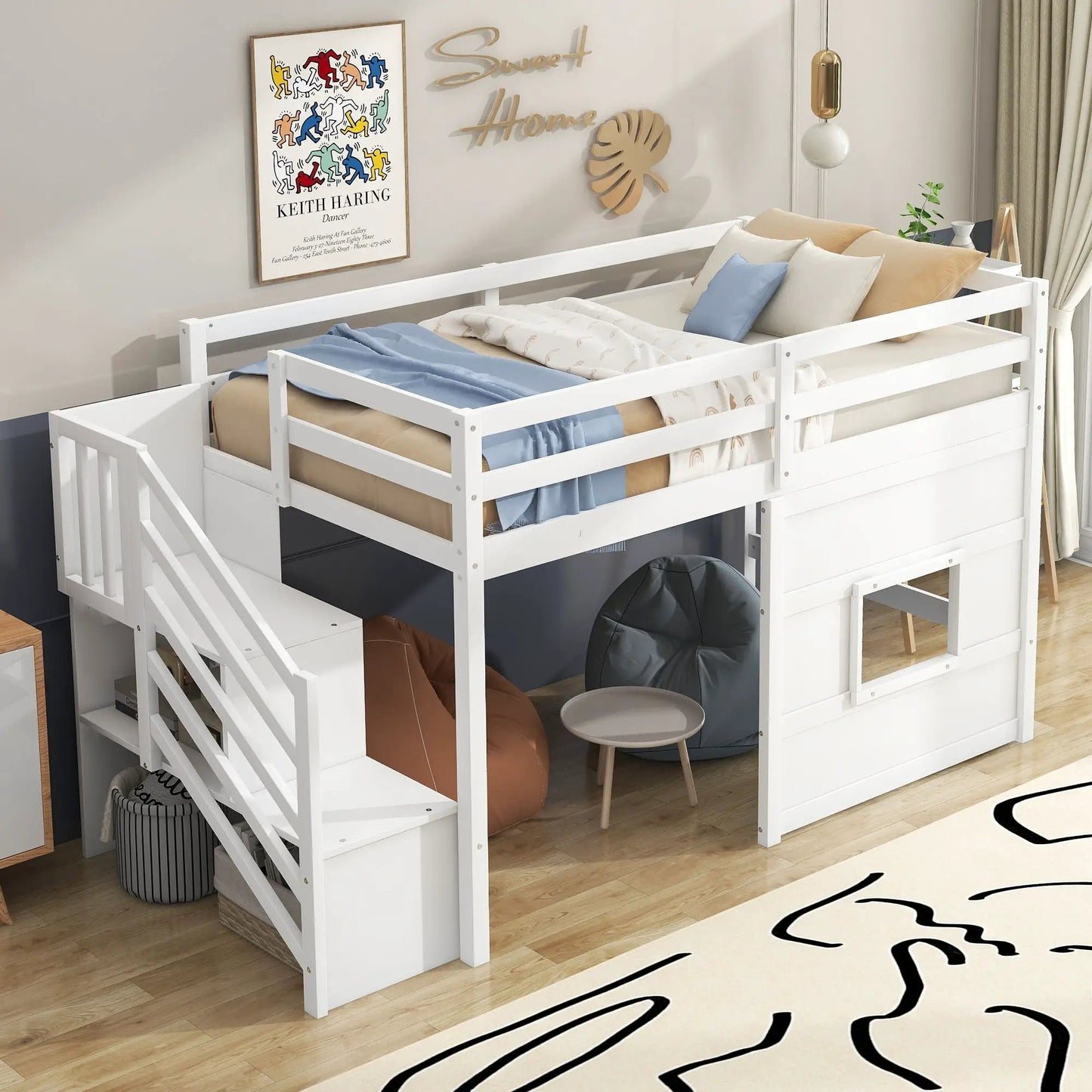 Loft Bed With Storage Staircase LED Light in white finish with under-bed storage on Tampa Home & Garden Store