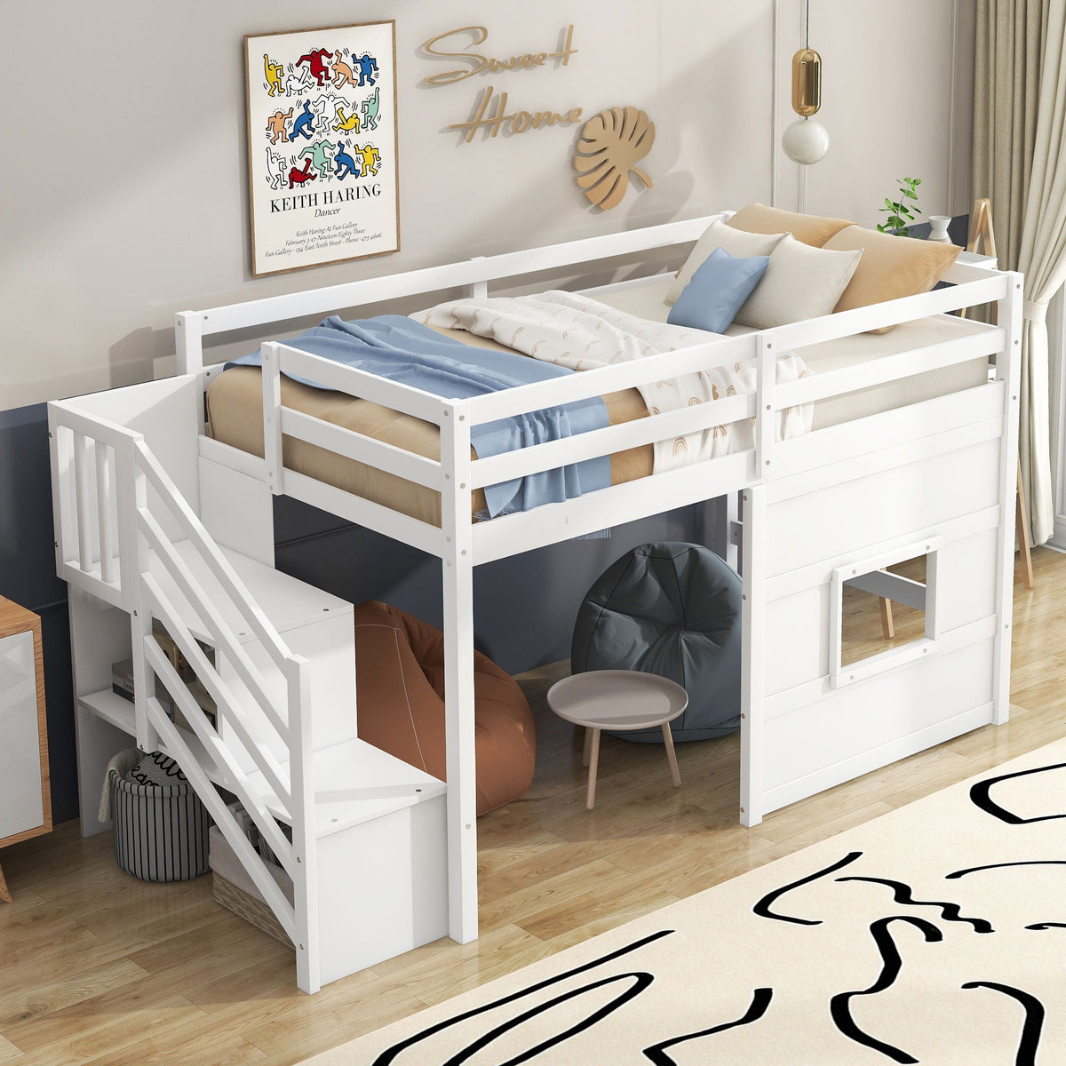 White wooden loft bed with storage staircase and built-in LED light by HouseOfZazla on Tampa Home & Garden Store