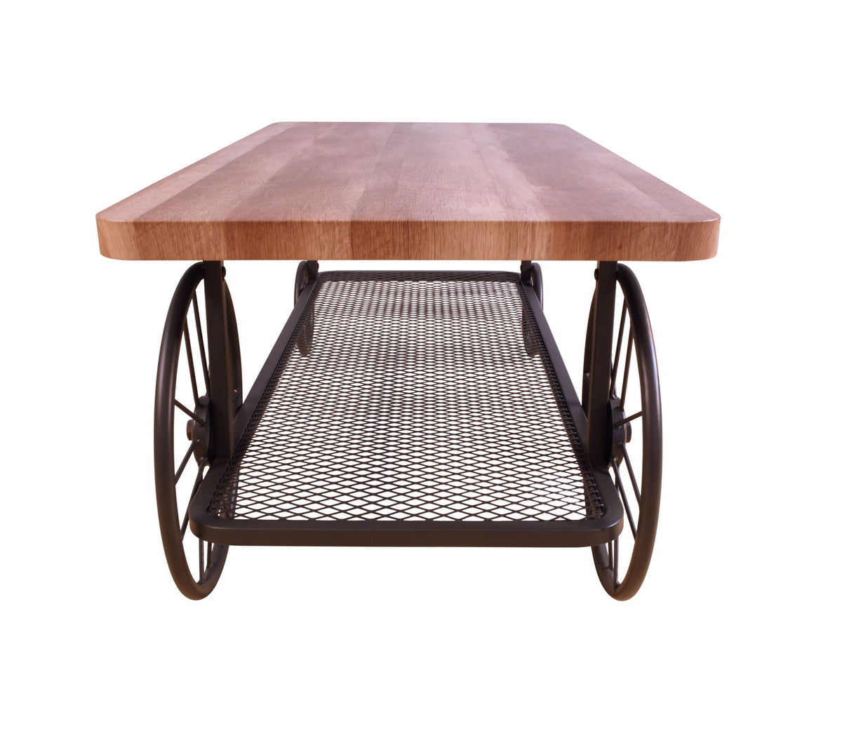 Francie light brown wooden coffee table with metal wheels and mesh shelf on Tampa Home & Garden Store