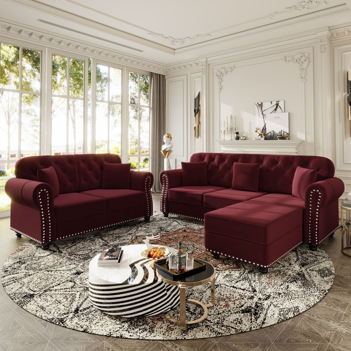 Upholstered Sofa Set with Nailhead and Pillows
