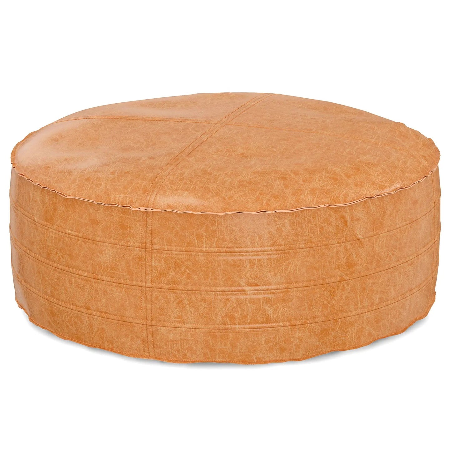 Brody round pouf orange leather-textured with cross-stitch panels on Tampa Home & Garden Store