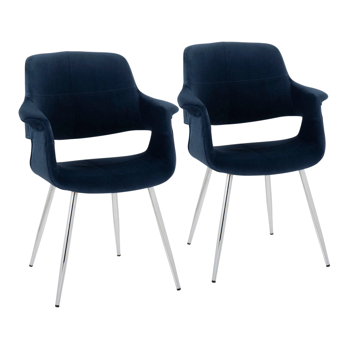 Retro Chic Art Deco Chair Set with chrome frame; pair of navy blue velvet chairs on Tampa Home & Garden Store