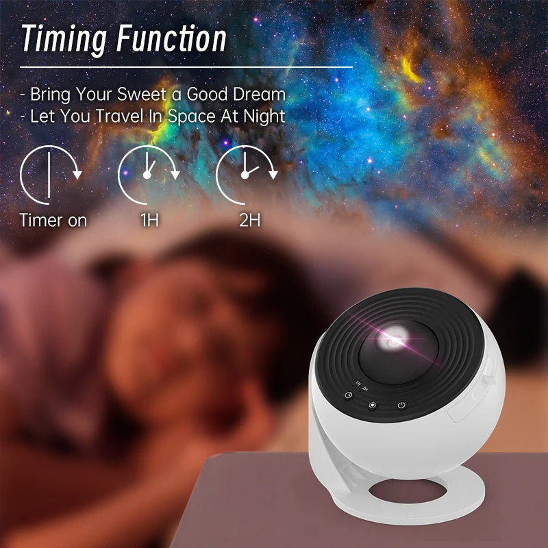 Galaxy night light projector with starry sky projection and 360° rotation, white base on Tampa Home & Garden Store