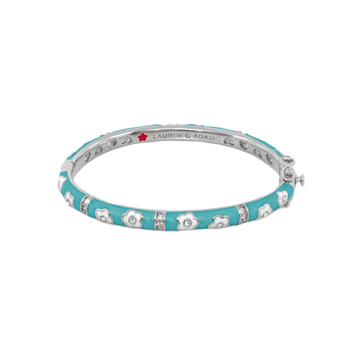 Flower Girl Bangle by Lauren G Adams, turquoise enamel bracelet with silver flowers on Tampa Home & Garden Store