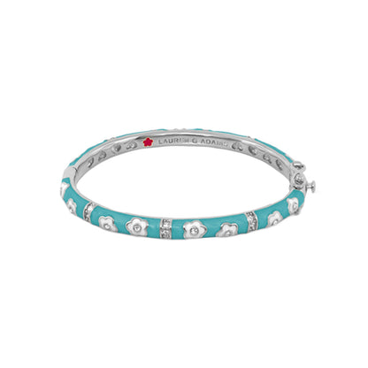 Flower Girl Bangle by Lauren G Adams, turquoise enamel bracelet with silver flowers on Tampa Home & Garden Store