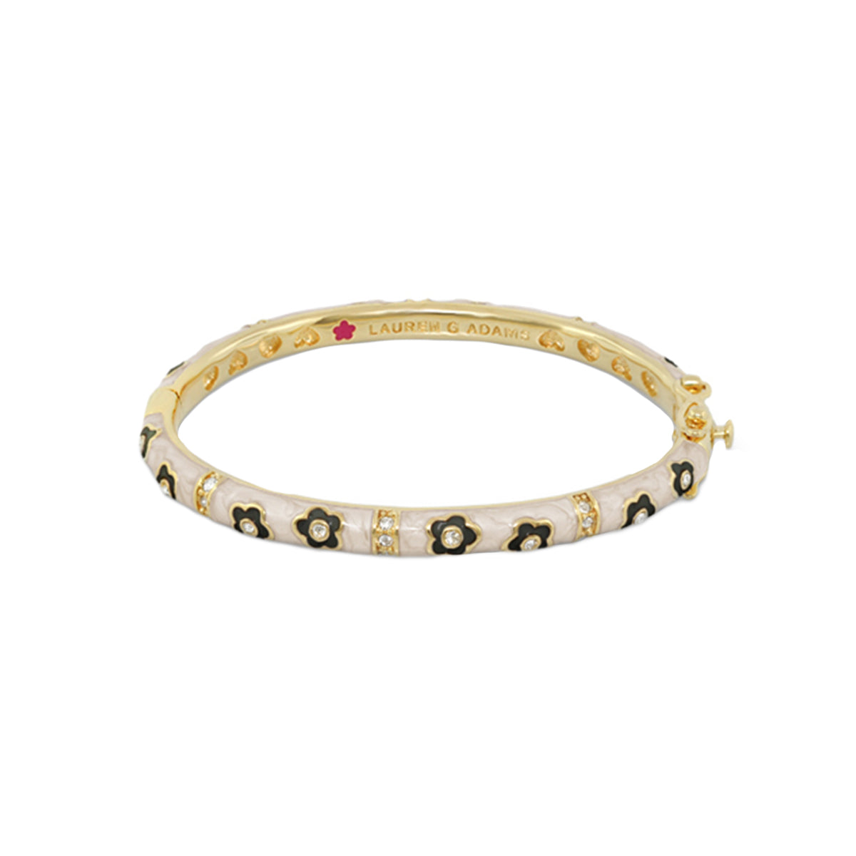 Flower Girl Bangle by Lauren G Adams in gold tone with black enamel flowers and crystal accents on Tampa Home & Garden Store