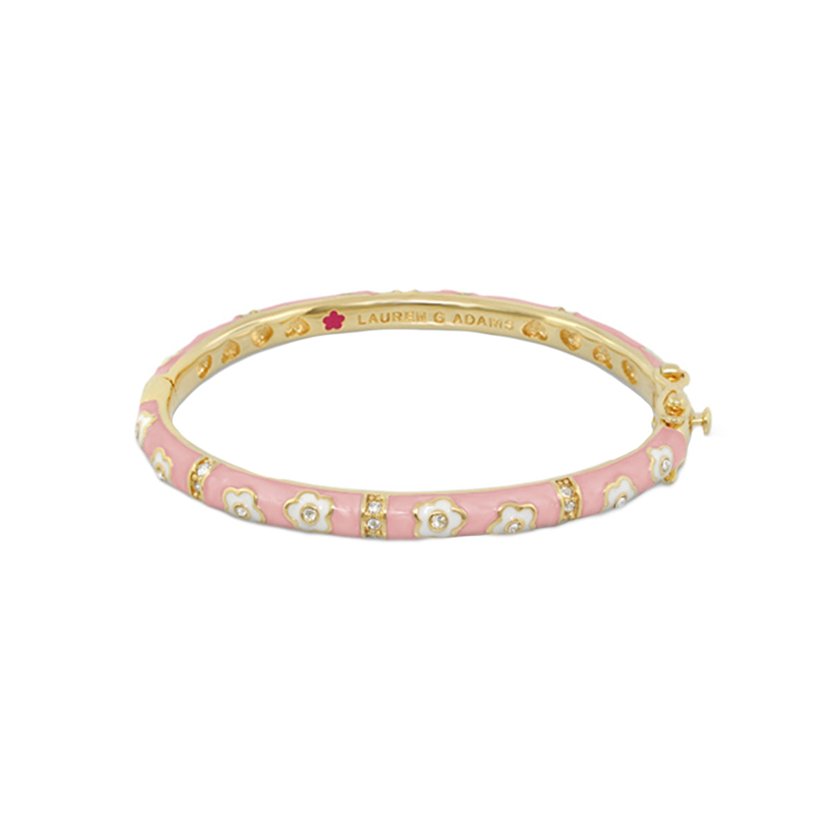 Flower Girl Bangle by Lauren G Adams, pink enamel bracelet with white floral motifs and crystals on Tampa Home & Garden Store