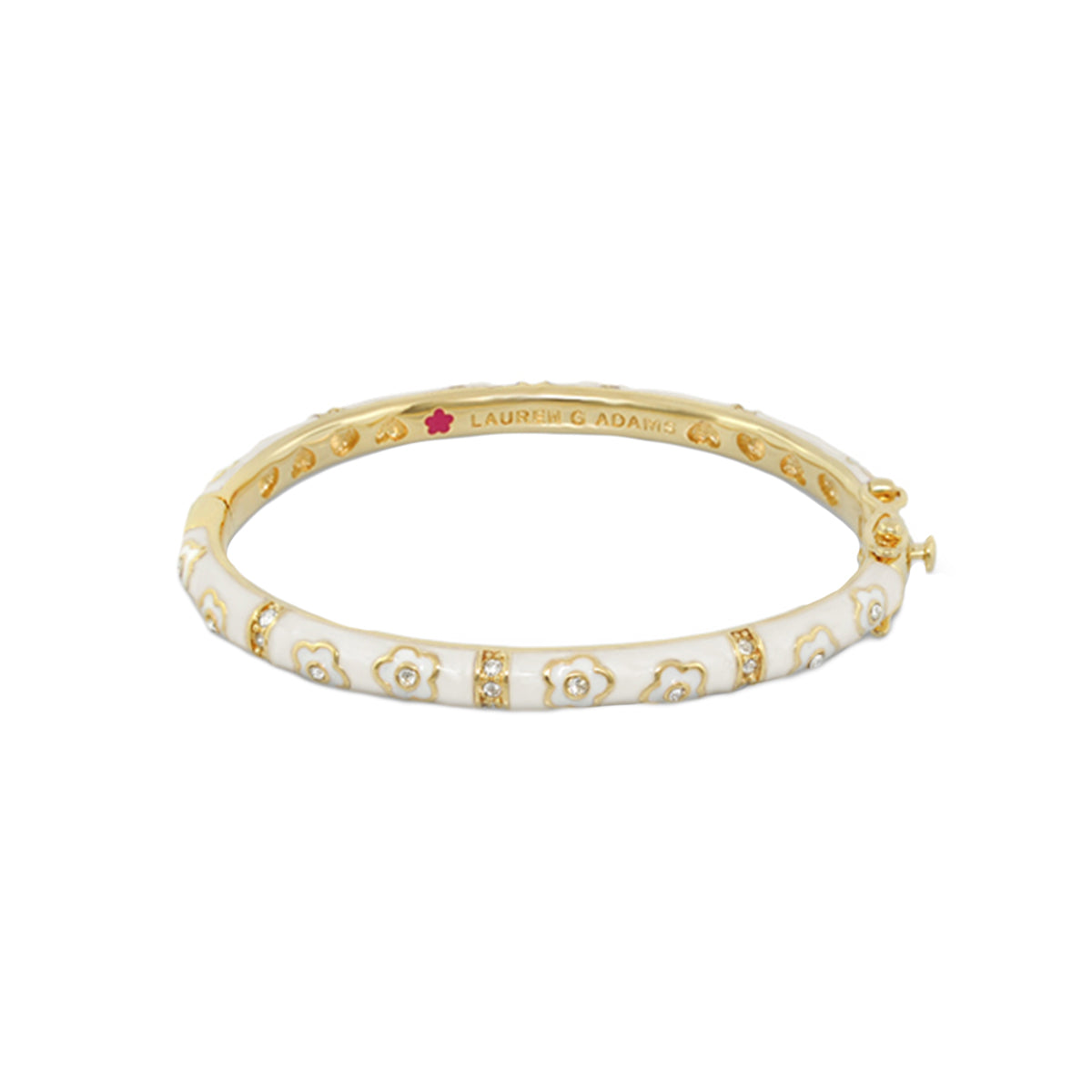 Flower Girl Bangle by Lauren G Adams, gold-tone bracelet with white enamel floral pattern and crystal accents on Tampa Home & Garden Store