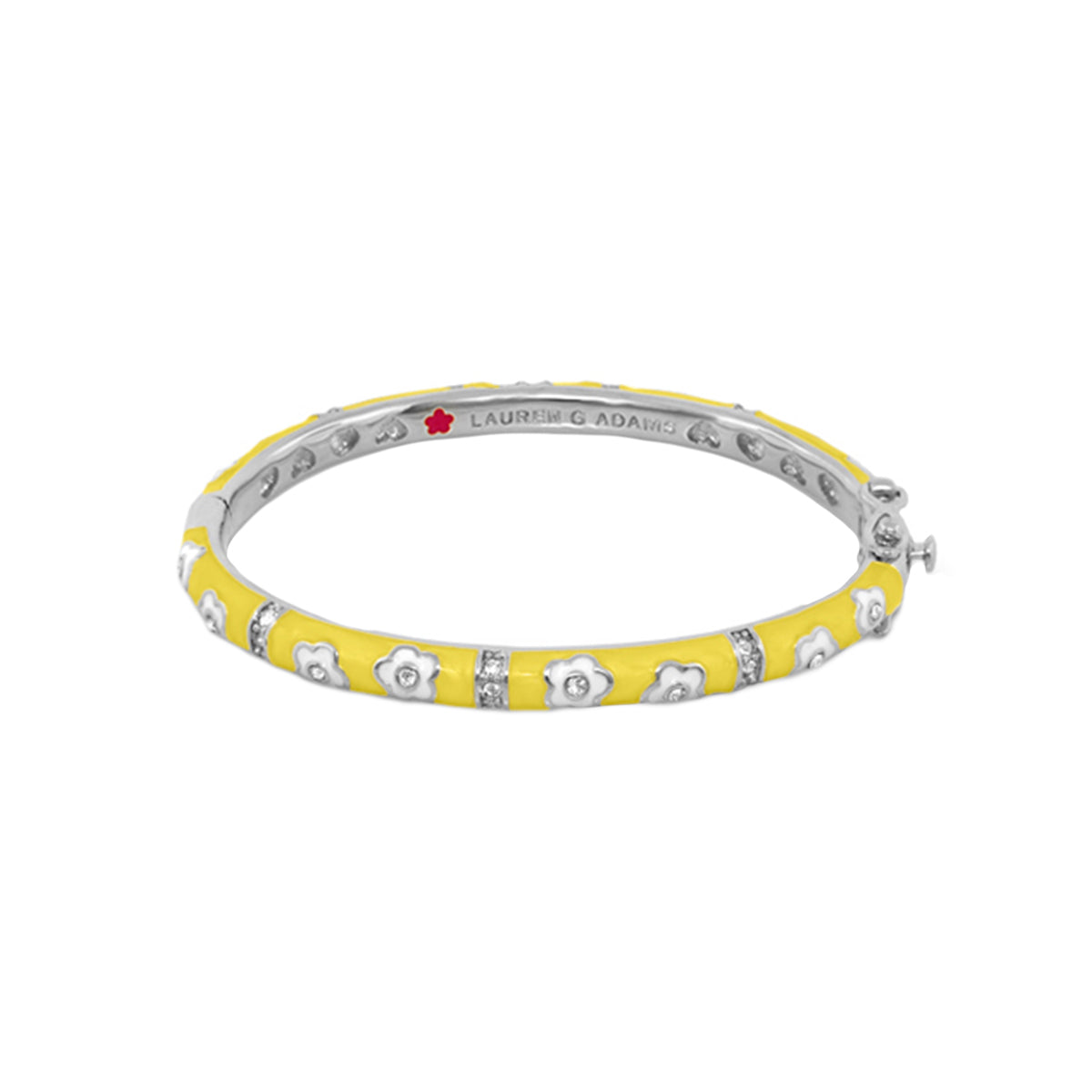 Flower Girl Bangle by Lauren G Adams, yellow enamel bracelet with silver flower motifs on Tampa Home & Garden Store