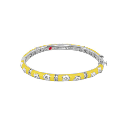 Flower Girl Bangle by Lauren G Adams, yellow enamel bracelet with silver flower motifs on Tampa Home & Garden Store