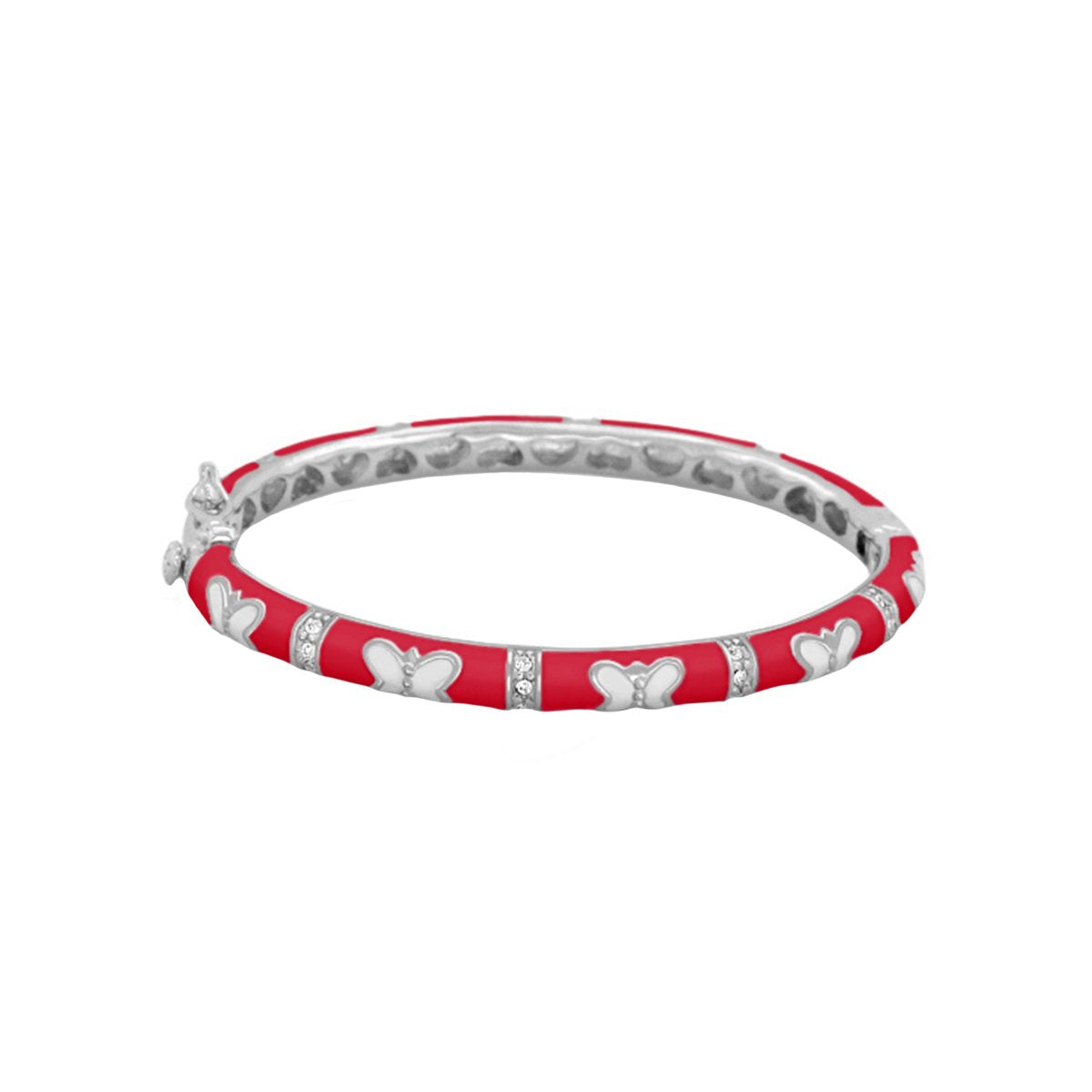 Petite butterfly baby bangle with red enamel segments and silver butterfly charms, crystal accents on Tampa Home & Garden Store