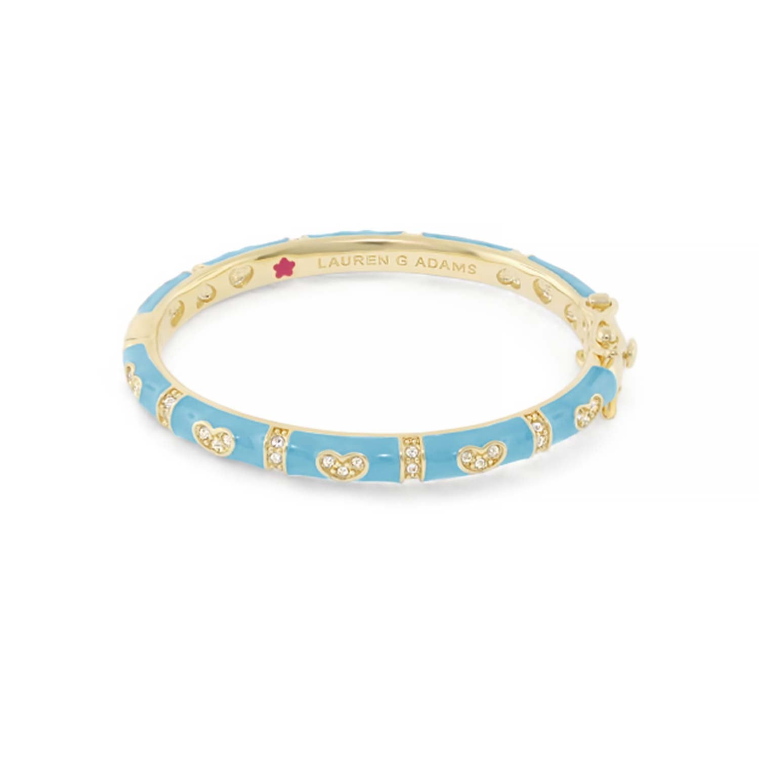 Baby Hearts Bangle by Lauren G Adams; gold-tone bracelet with sky blue enamel and crystal hearts on Tampa Home & Garden Store