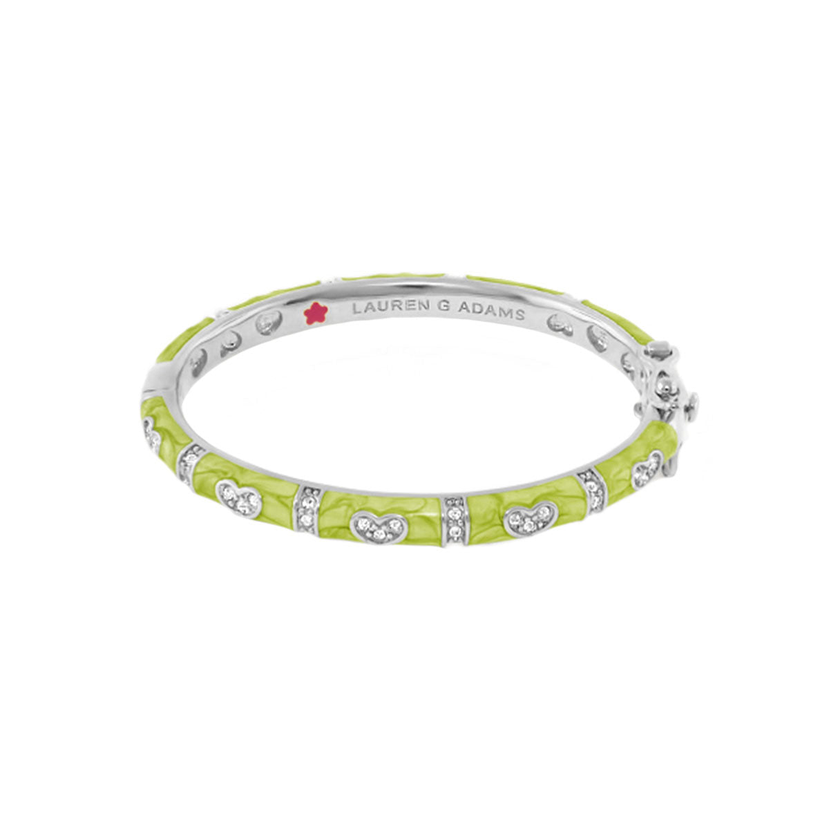 Baby Hearts Bangle by Lauren G Adams, lime green enamel bracelet with crystal heart accents on Tampa Home & Garden Store
