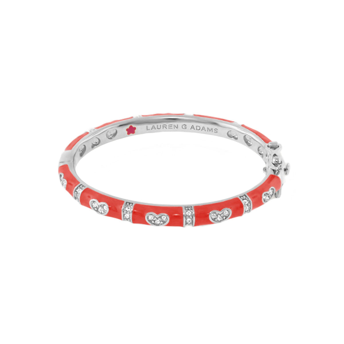 Baby Hearts Bangle coral red enamel girl’s bracelet by Lauren G Adams with crystal hearts on Tampa Home & Garden Store