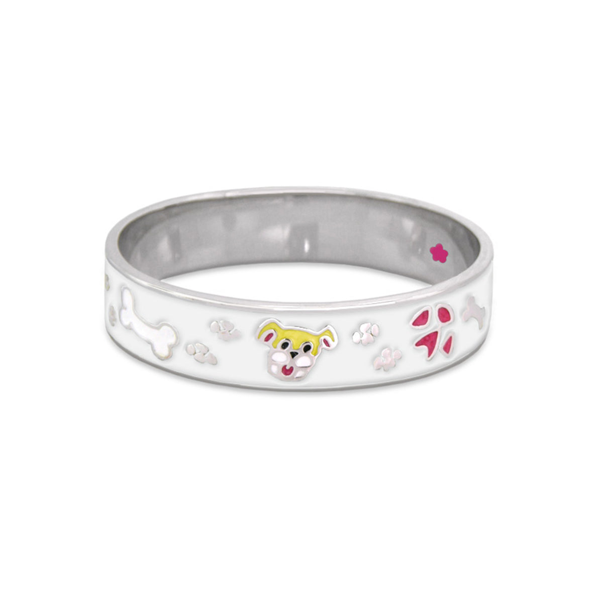Children's bangle bracelet white metal band with Lauren G Adams dog face charm and pink paw accents on Tampa Home & Garden Store