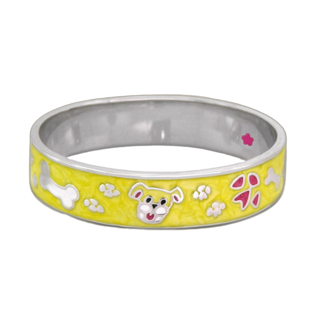 Children's yellow bangle bracelet with white raised floral motifs and pink flowers on Tampa Home & Garden Store