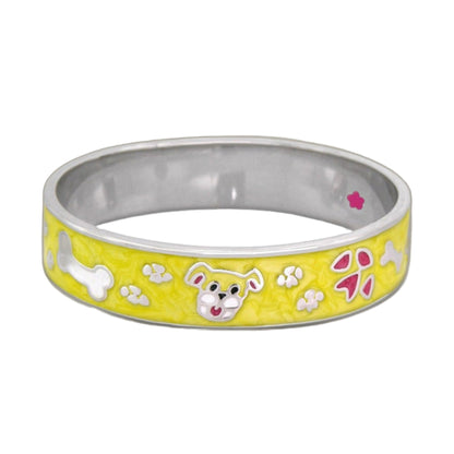 Children's yellow bangle bracelet with white raised floral motifs and pink flowers on Tampa Home & Garden Store
