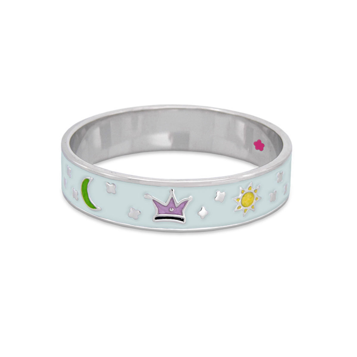 Girls' bangle bracelet with light blue enamel and celestial charms: moon, crown, sun on Tampa Home & Garden Store