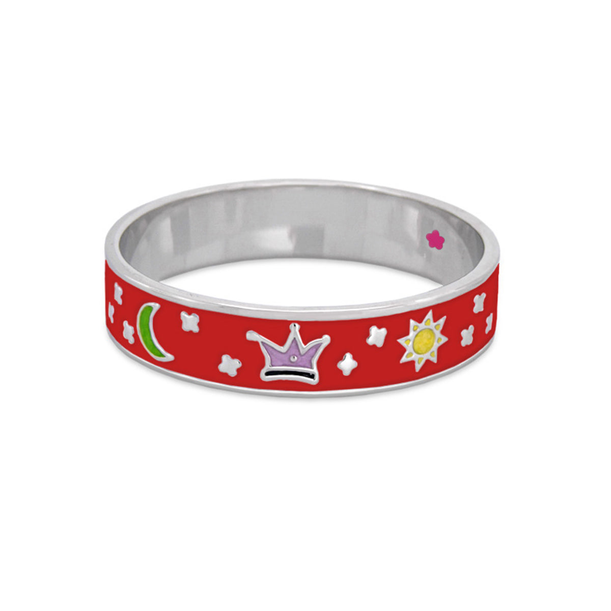 Girls' red enamel bangle bracelet with silver edges and crown, sun, moon, and star charms on Tampa Home & Garden Store