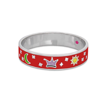 Girls' red enamel bangle bracelet with silver edges and crown, sun, moon, and star charms on Tampa Home & Garden Store