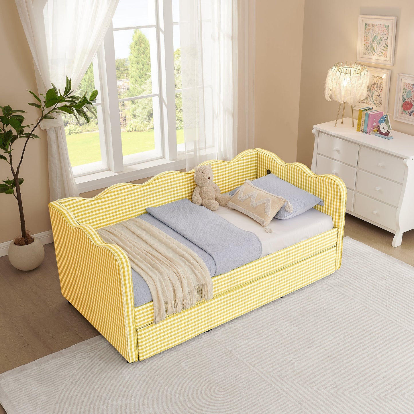 Cozy Gingham Daybed with Trundle twin size sofa bed in yellow check fabric by HouseOfZazla on Tampa Home & Garden Store