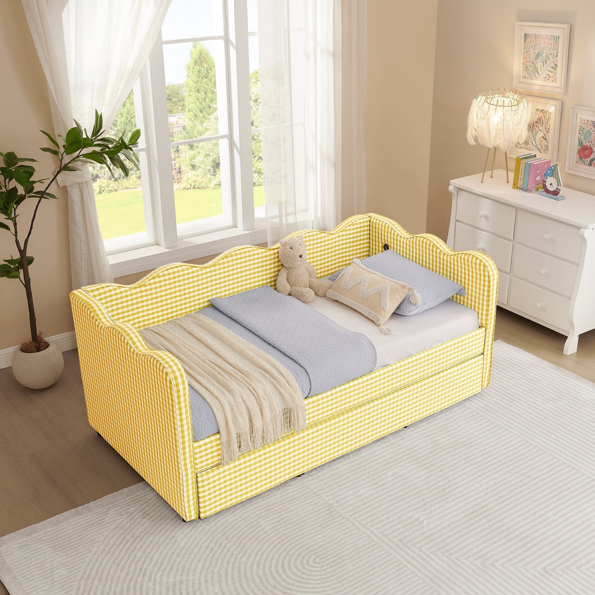 Cozy Gingham Daybed with Trundle twin size sofa bed in yellow check fabric by HouseOfZazla on Tampa Home & Garden Store
