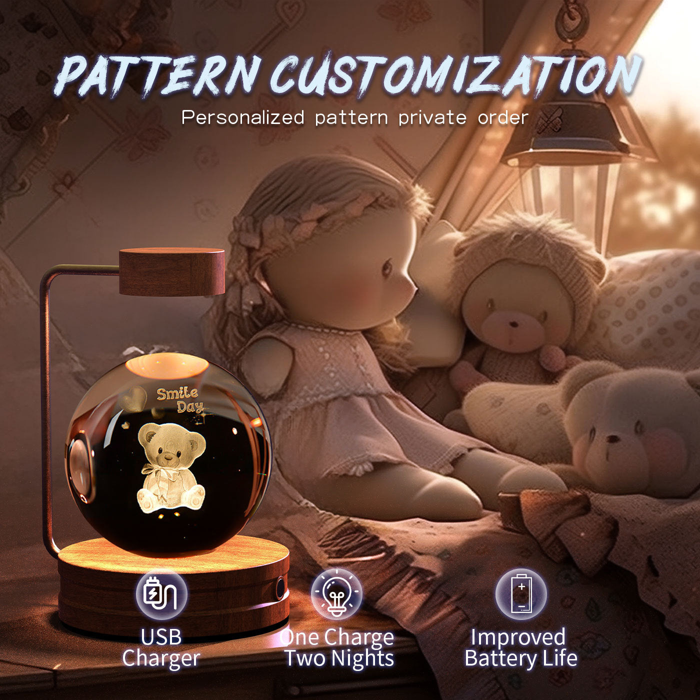 Crystal ball teddy bear night light on base with copper handle USB powered warm bedside lamp on Tampa Home & Garden Store