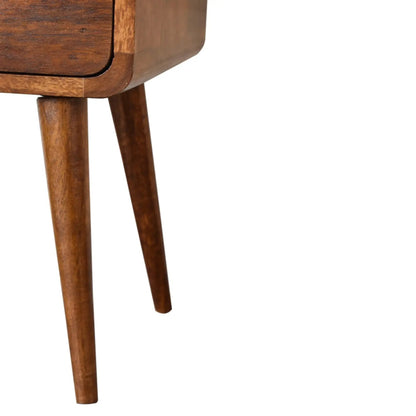 Curved Nightstand wooden accent with warm brown finish and tapered legs close-up on Tampa Home & Garden Store