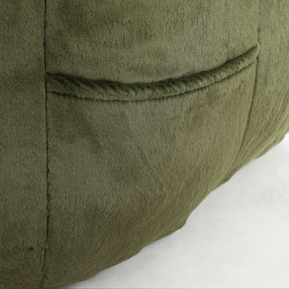 Beanbag chair with armrests in olive green plush fabric, seam details on Tampa Home & Garden Store