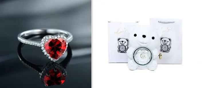 Heart-shaped red gemstone ring with diamond halo; pair white teddy bear jewelry box FLIPSTYLEZLLC on Tampa Home & Garden Store