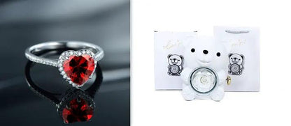 Heart-shaped red gemstone ring with diamond halo; pair white teddy bear jewelry box FLIPSTYLEZLLC on Tampa Home & Garden Store