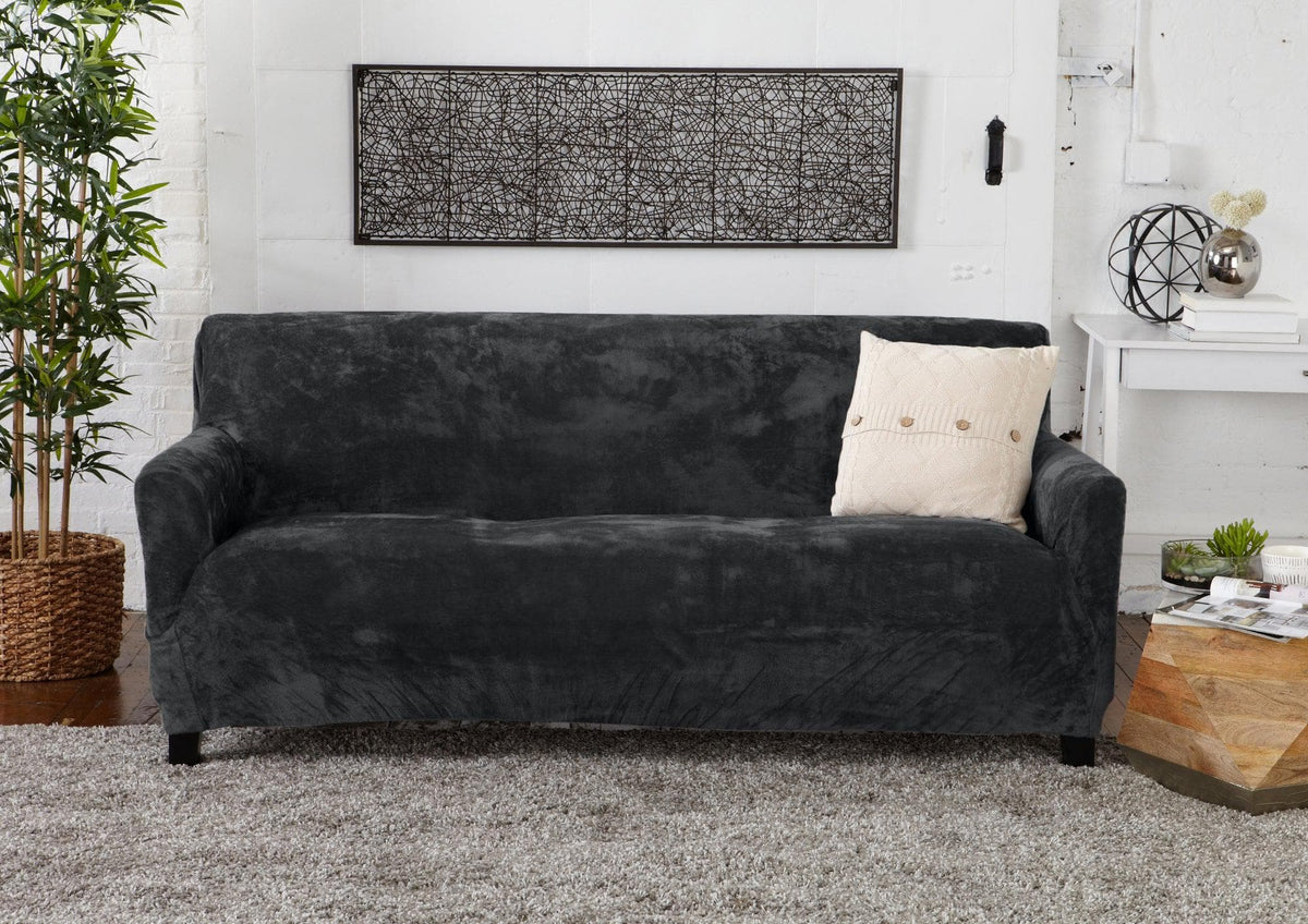 Velvet Stretch Slipcover Gale Collection for sofa, dark charcoal velvet, Great Bay Home on Tampa Home & Garden Store