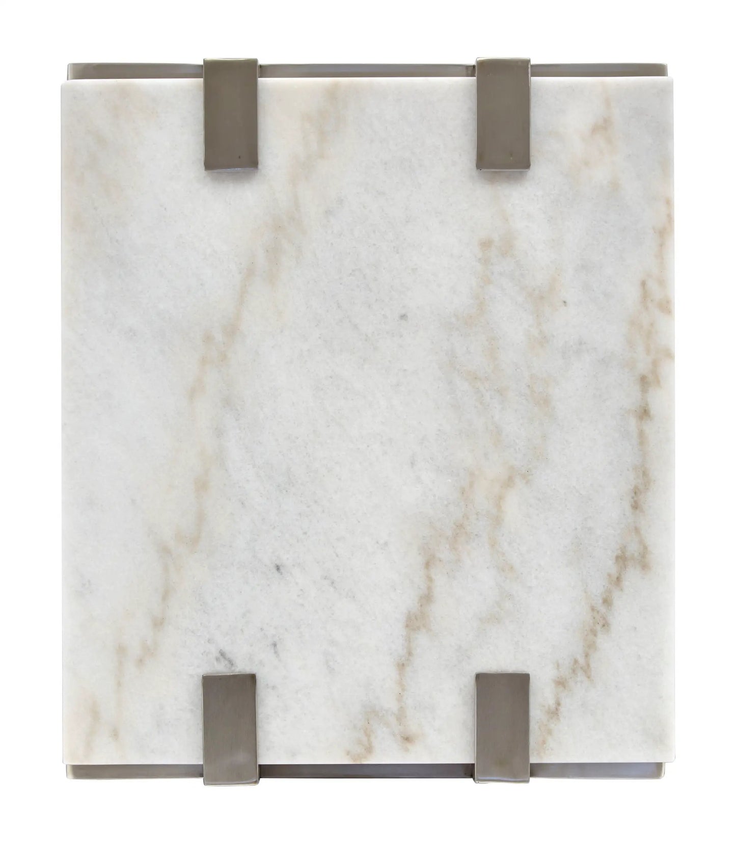Paradox rectangular end table with white marble top and brushed bronze metal straps on Tampa Home & Garden Store