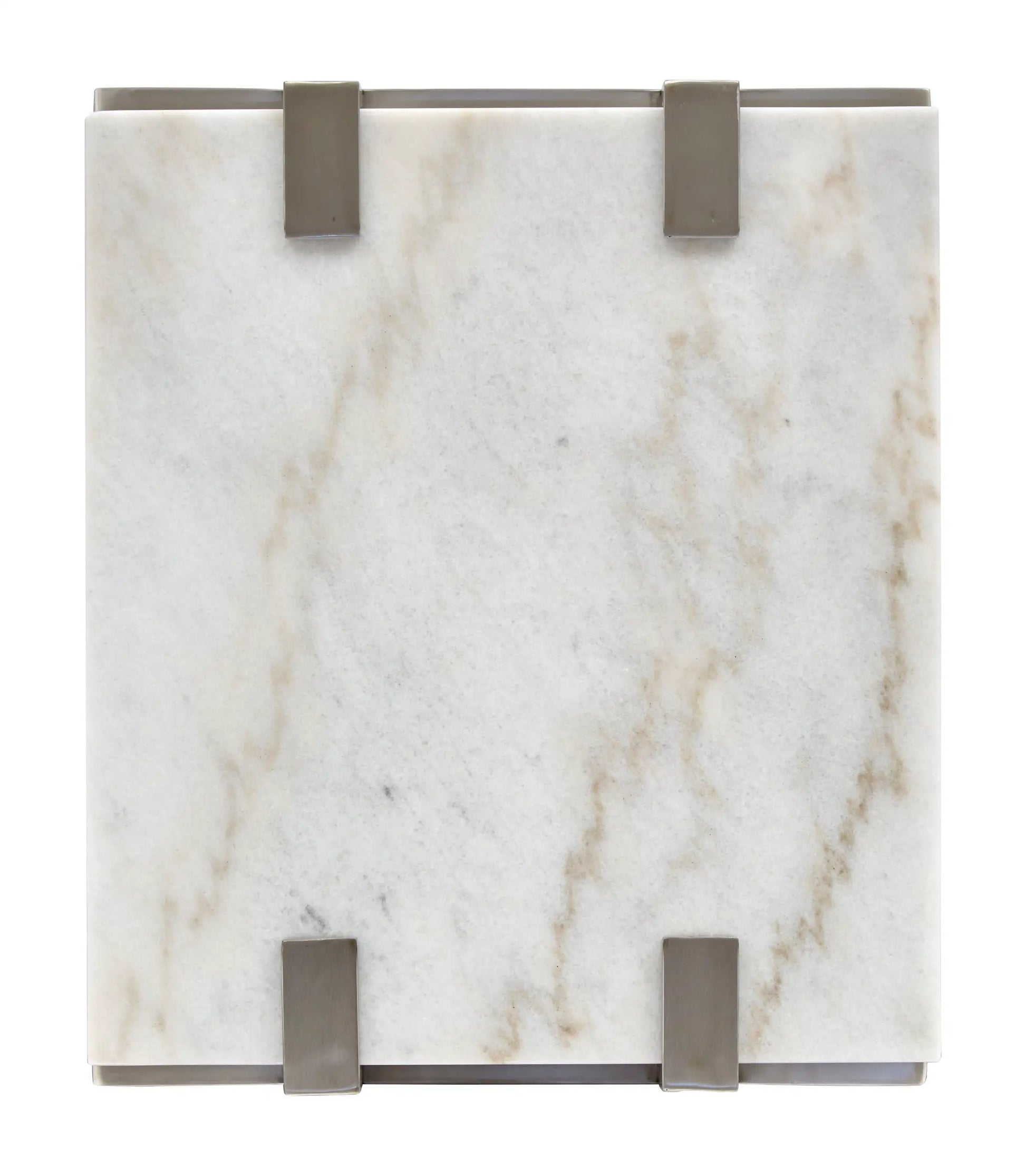 Paradox rectangular end table with white marble top and brushed bronze metal straps on Tampa Home & Garden Store
