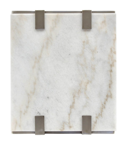 Paradox rectangular end table with white marble top and brushed bronze metal straps on Tampa Home & Garden Store