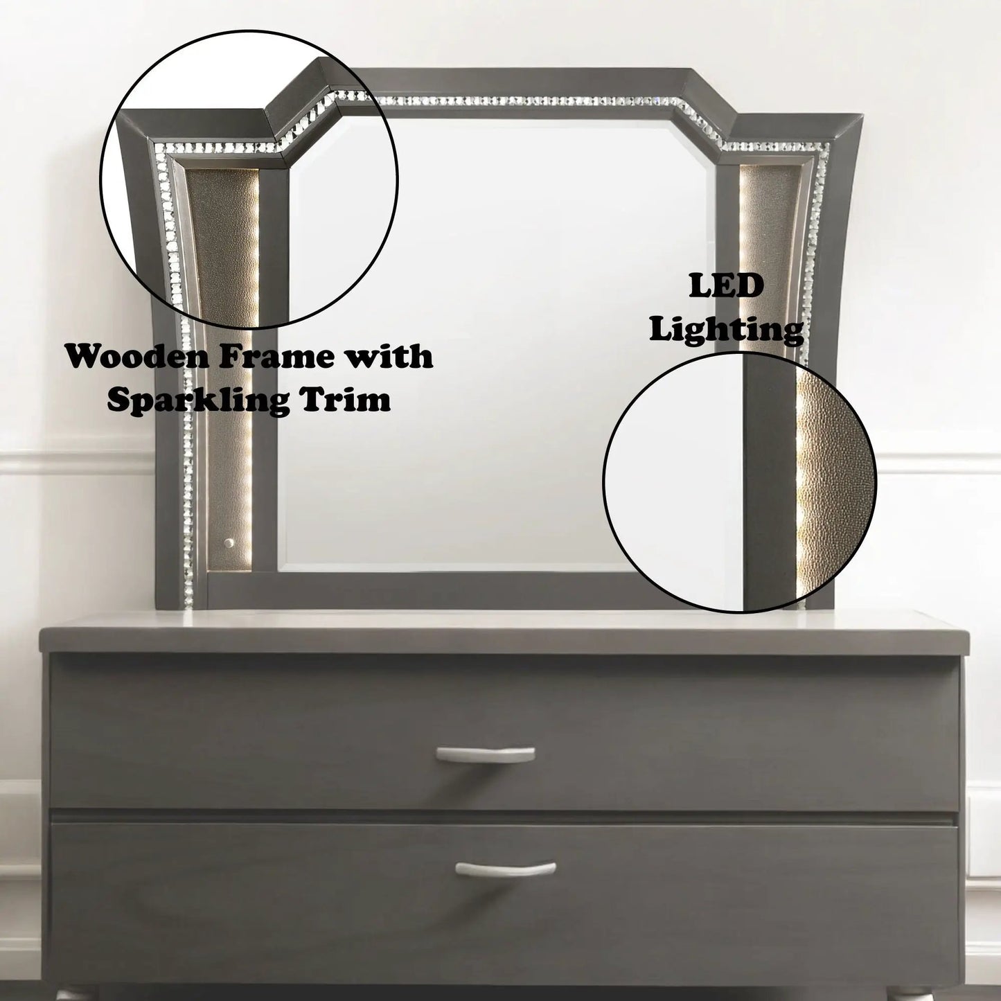 Kaitlyn Mirror With LED, gray wooden frame with sparkling trim and LED lighting on Tampa Home & Garden Store