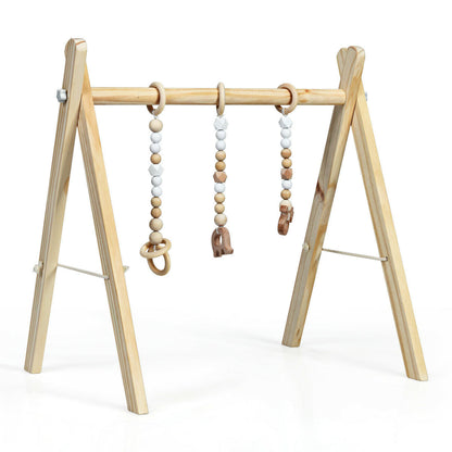Portable 3 Wooden Newborn Baby Exercise Activity Gym Teething Toys Hanging Bar